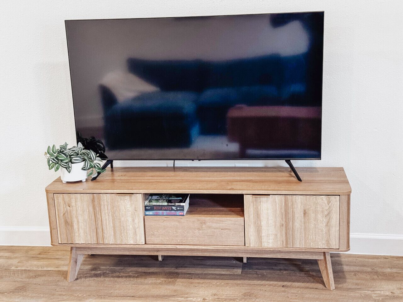 Un meuble en bois pour la télévision, sur lequel est posée une télévision à écran plat, une petite plante et quelques livres.