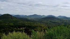 Un paysage montagneux, avec de vastes forêts et une vallée.
