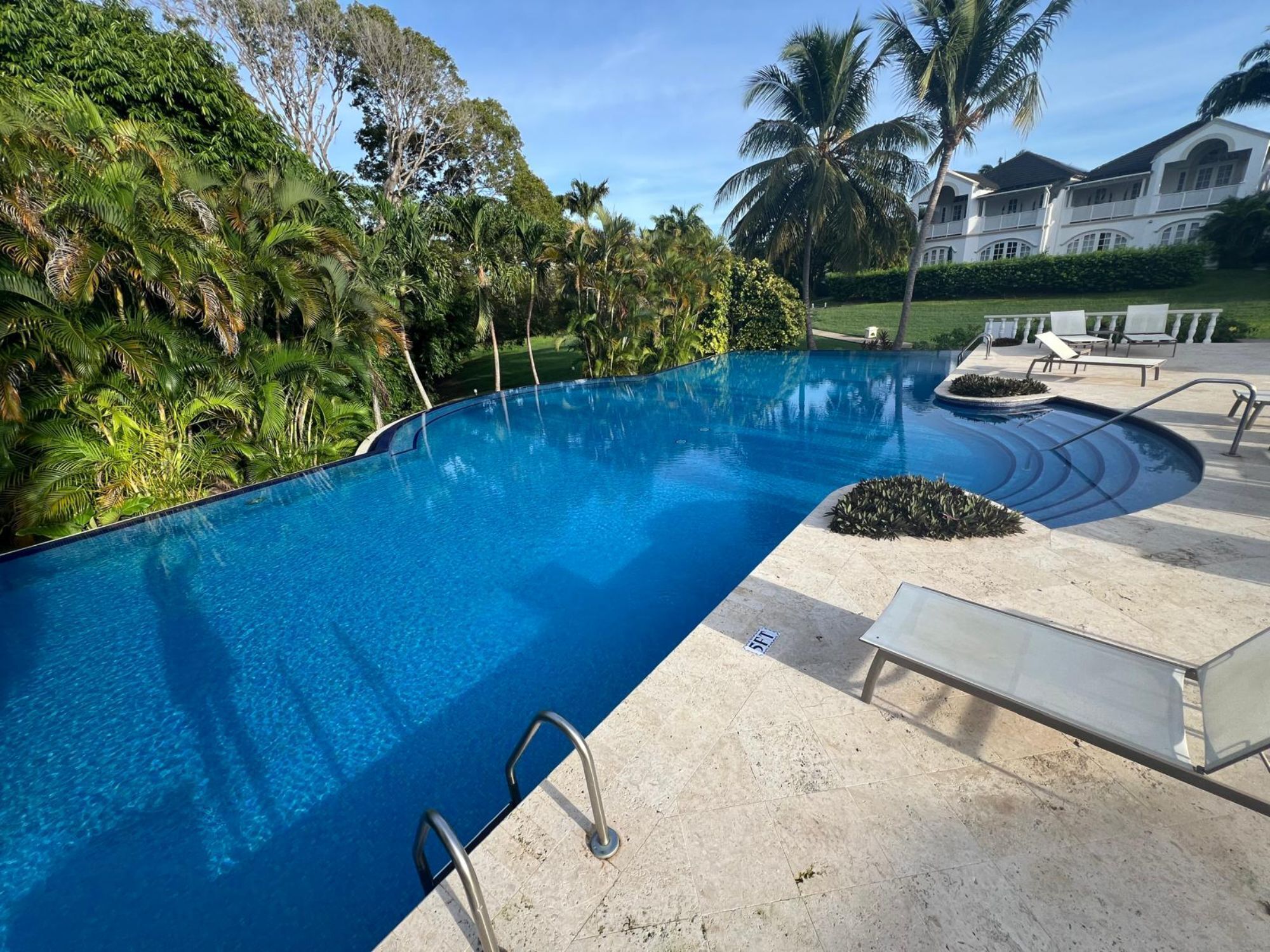 A clear blue pool surrounded by lush greenery and palm trees, with a white building in the background.
