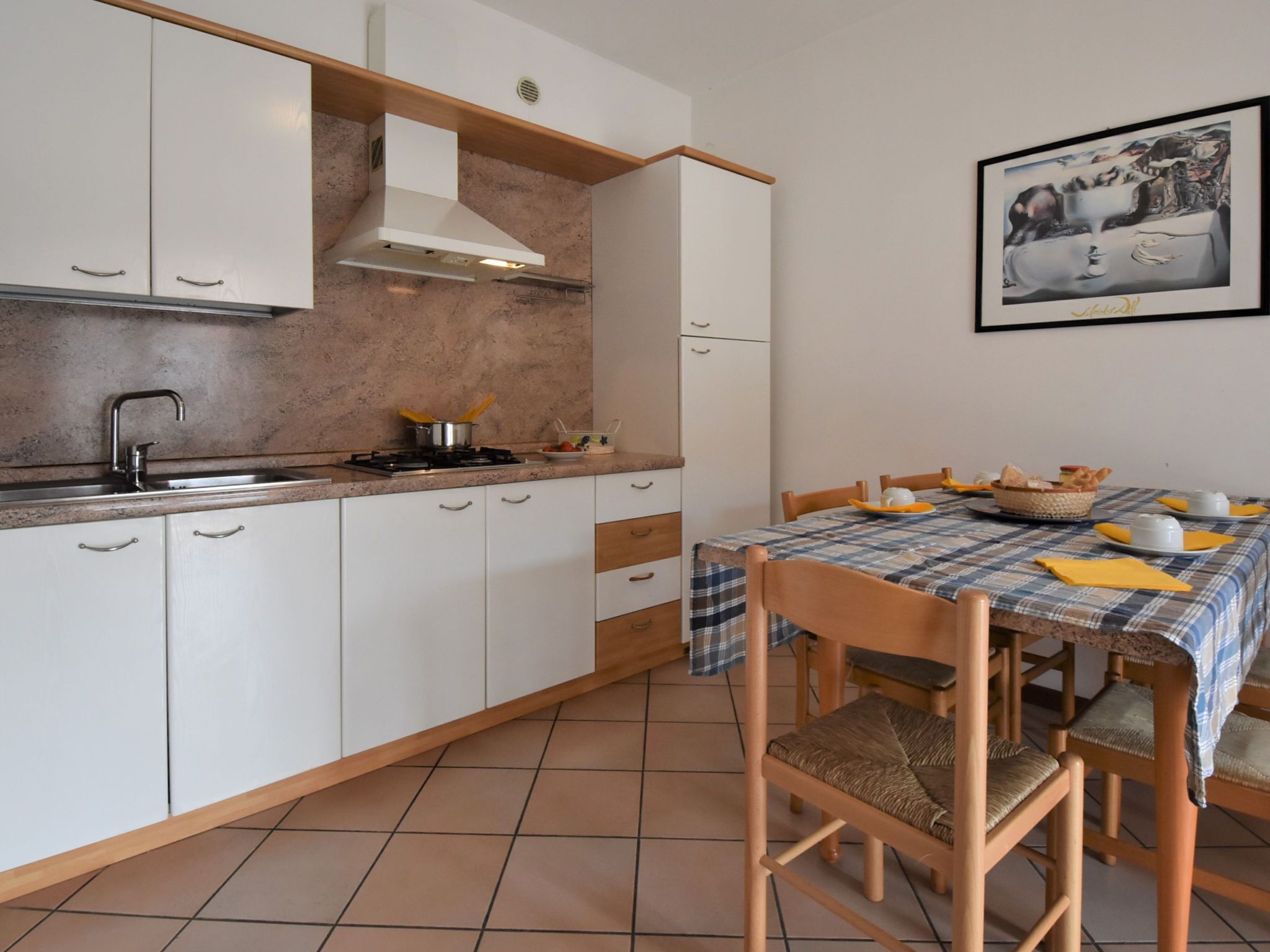 Fridge, oven, high chair, cookware/dishes/utensils