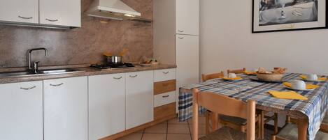 Fridge, oven, high chair, cookware/dishes/utensils