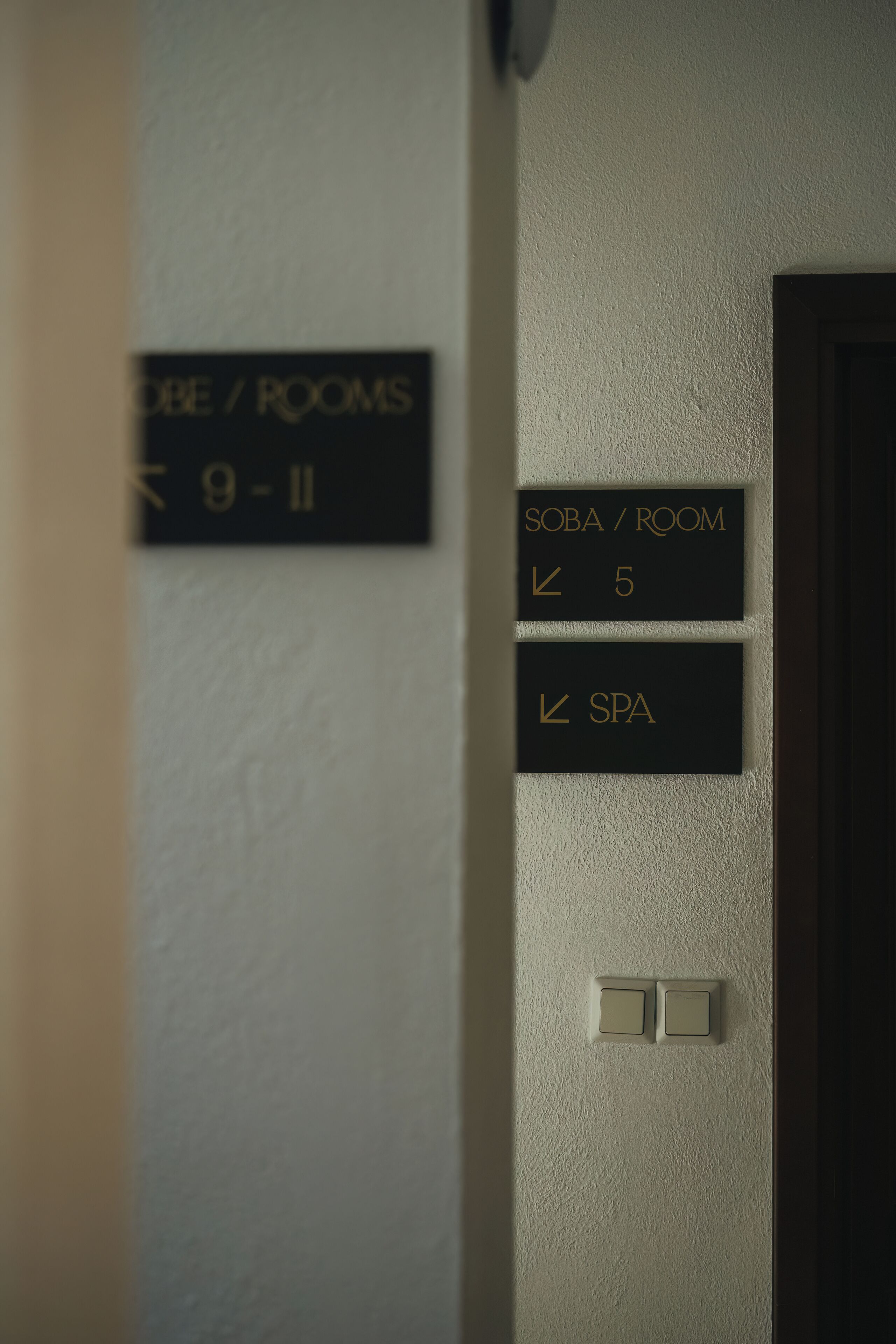A wall with signs indicating room numbers and types, including a spa and a room labeled "Soba."