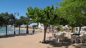 Un paseo marítimo con sendero adoquinado, asientos al aire libre y vista a la playa y el océano.