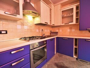 Fridge, oven, dishwasher, cookware/dishes/utensils