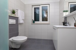 Shower, hair dryer, towels, soap