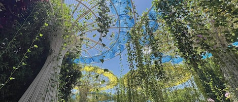 Una estructura tipo invernadero con techo transparente, rodeada de diversas plantas y flores.