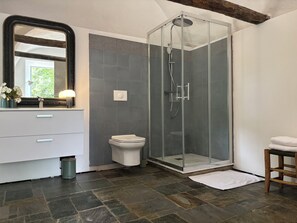 Shower, hair dryer, towels, soap