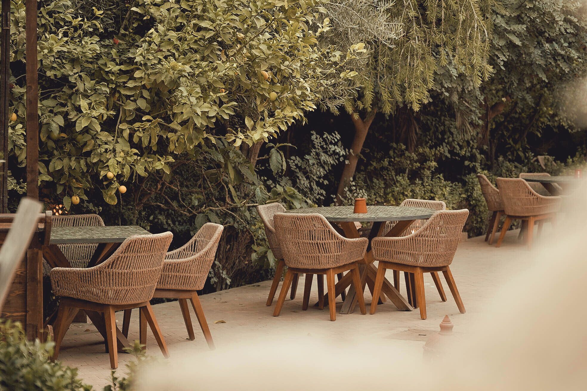 Un área de comedor al aire libre con sillas de mimbre y una mesa redonda, rodeada de abundante vegetación y árboles.
