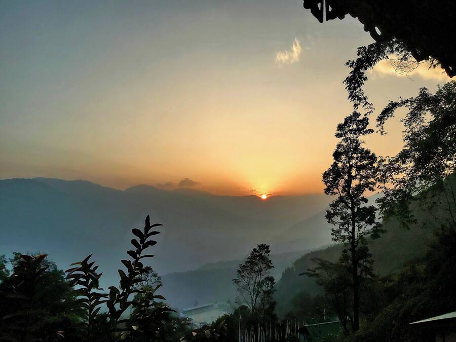 A sunrise over a mountainous landscape with a view of the horizon and trees in the foreground.