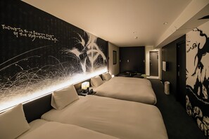 A hotel room with two beds, a large abstract wall art, and a door leading to another room. - Randor Residence Kyoto Nijo Castle (Kyoto)