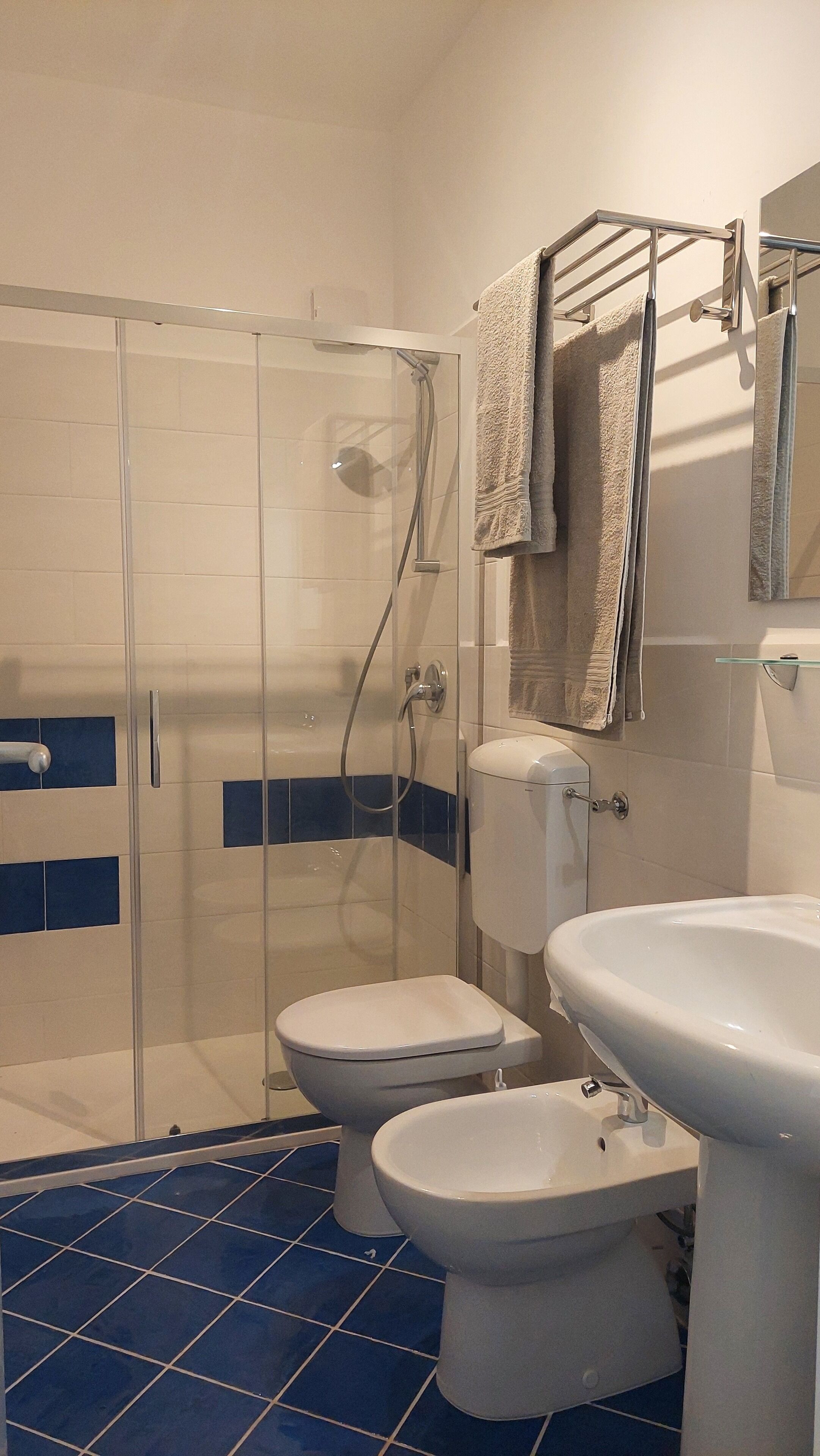 Een badkamer met een glazen douchecabine, twee toiletten, een wastafel en een handdoekhouder.