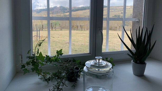 A window with a view of a field and hills, a potted plant, and a glass jar on a windowsill. - Renovated country chic cottage, 6 bedrooms for 13, garden, terrace, Haute-Loire (Siaugues-Sainte-Marie)