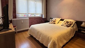 A bedroom with a large bed, a radiator, a television, and a window with curtains. - Bright T2 with garage and WiFi in Aix-les-Bains (Aix-les-Bains)