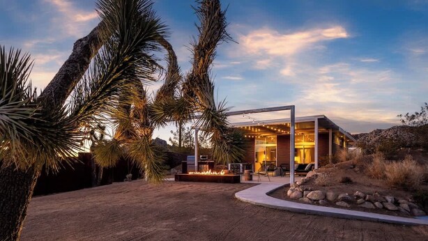 A modern house with a fire pit in the front yard, surrounded by palm trees.