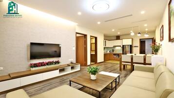 Deluxe Apartment, City View | Premium bedding, in-room safe, desk, laptop workspace