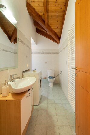 Chuveiro, secador de cabelo, toalhas de banho, sabonete