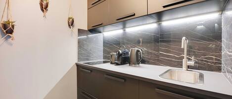 A modern kitchen with a marble backsplash, stainless steel appliances, and three hanging planters.