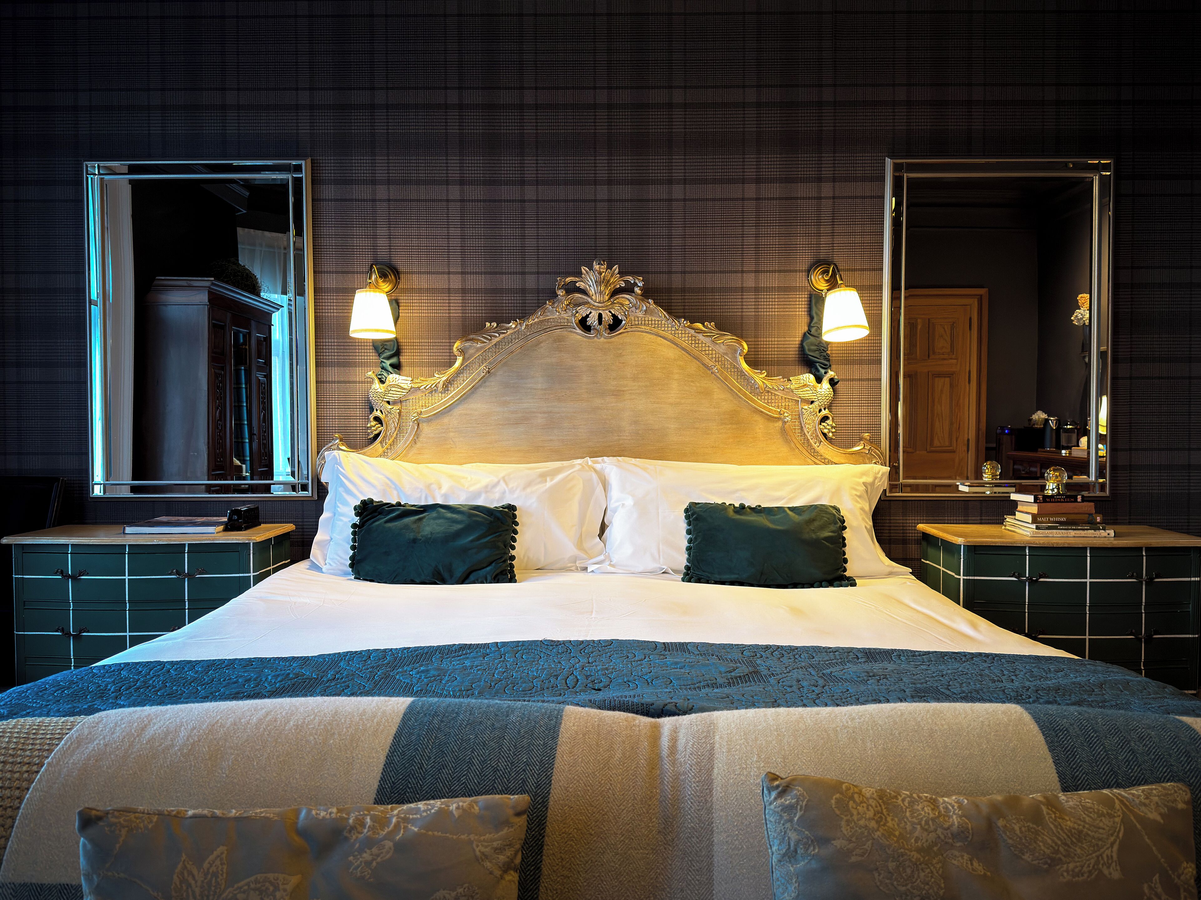 Desk, laptop workspace, blackout curtains, iron/ironing board