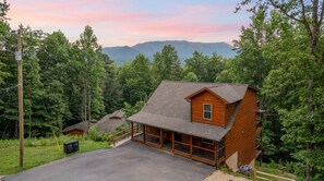 A cabin with a porch and a garage, surrounded by dense forest and mountains in the background.