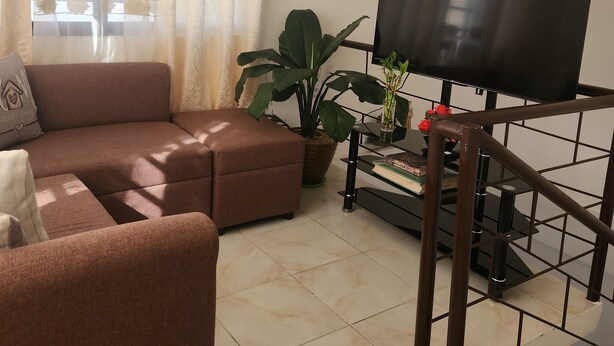 Una sala de estar con un sofá marrón, un televisor de pantalla plana grande sobre un mueble, una planta en maceta y una escalera con barandilla de metal.