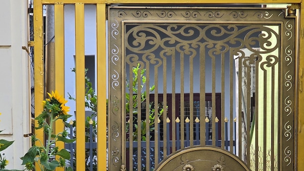 A wrought iron gate with intricate designs, a potted plant with yellow flowers, and a tiled pavement.