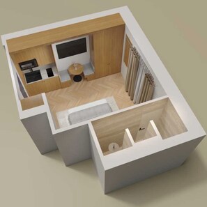 Modelo 3D de una habitación de hotel compacta con kitchenette, baño pequeño y zona de estar.