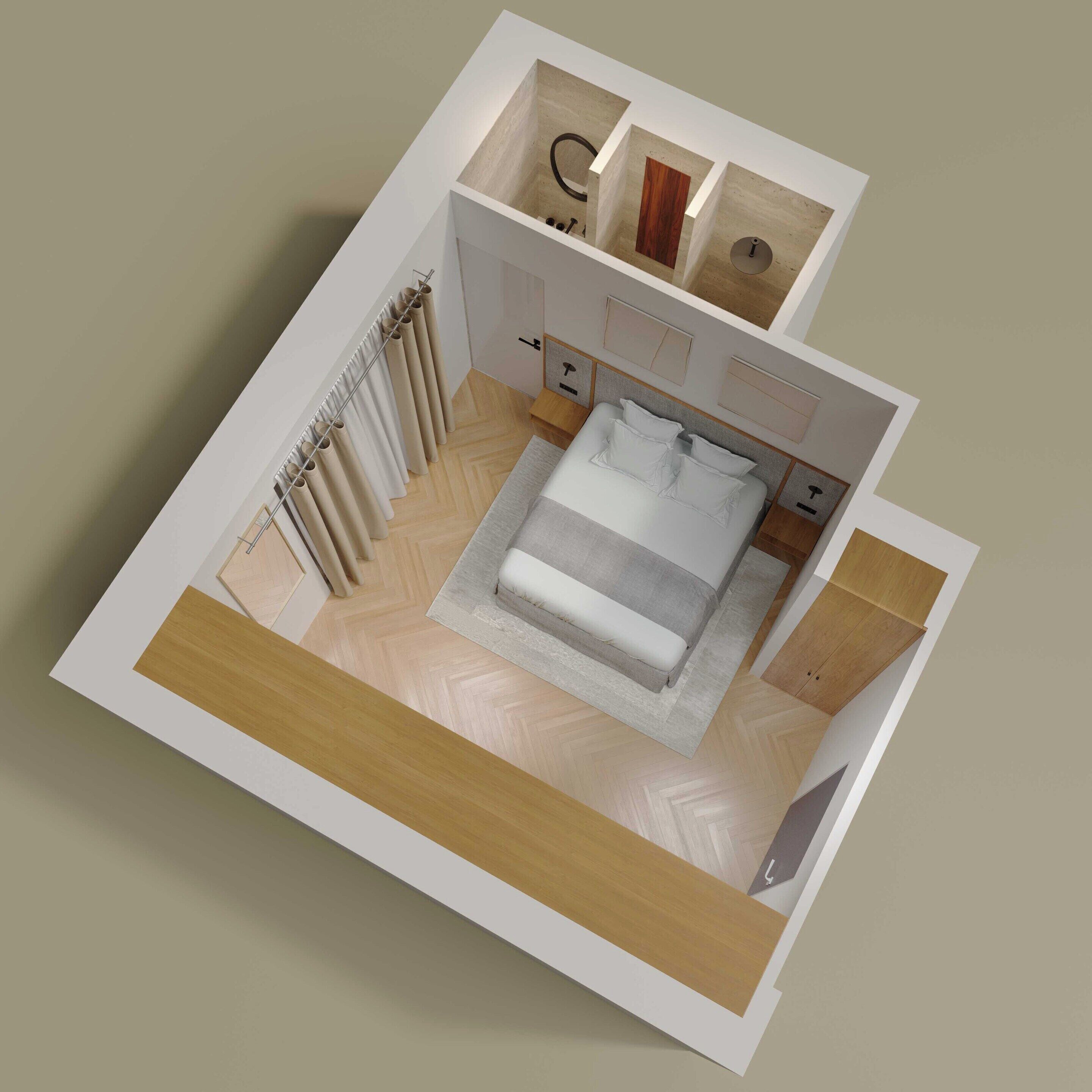 Un modèle 3D d’une chambre à coucher comprenant un lit, des tables de chevet, une armoire et une salle de bain avec douche et toilettes.