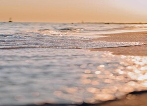 Une scène de plage où les vagues viennent doucement lécher le rivage.