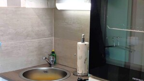 Une cuisine de taille réduite comprenant un évier, un flacon de liquide vaisselle, un porte-essuie-tout et un lave-vaisselle.