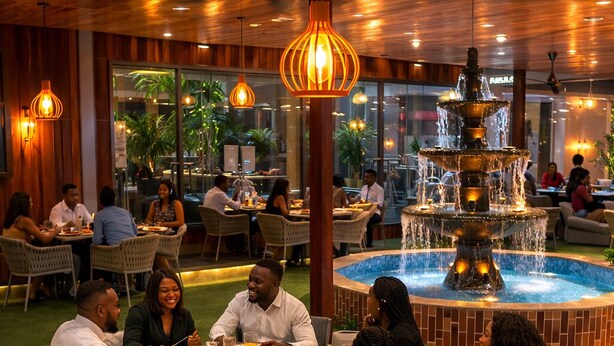Un restaurante con zona de comedor que incluye mesas redondas, sillas de mimbre y una fuente central.