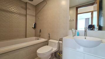 Hair dryer, towels, soap, toilet paper