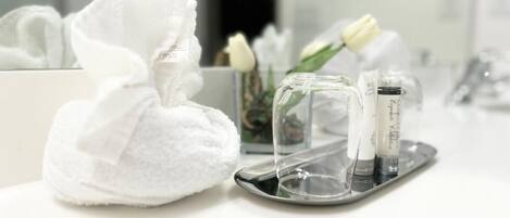 Hair dryer, towels, soap, toilet paper