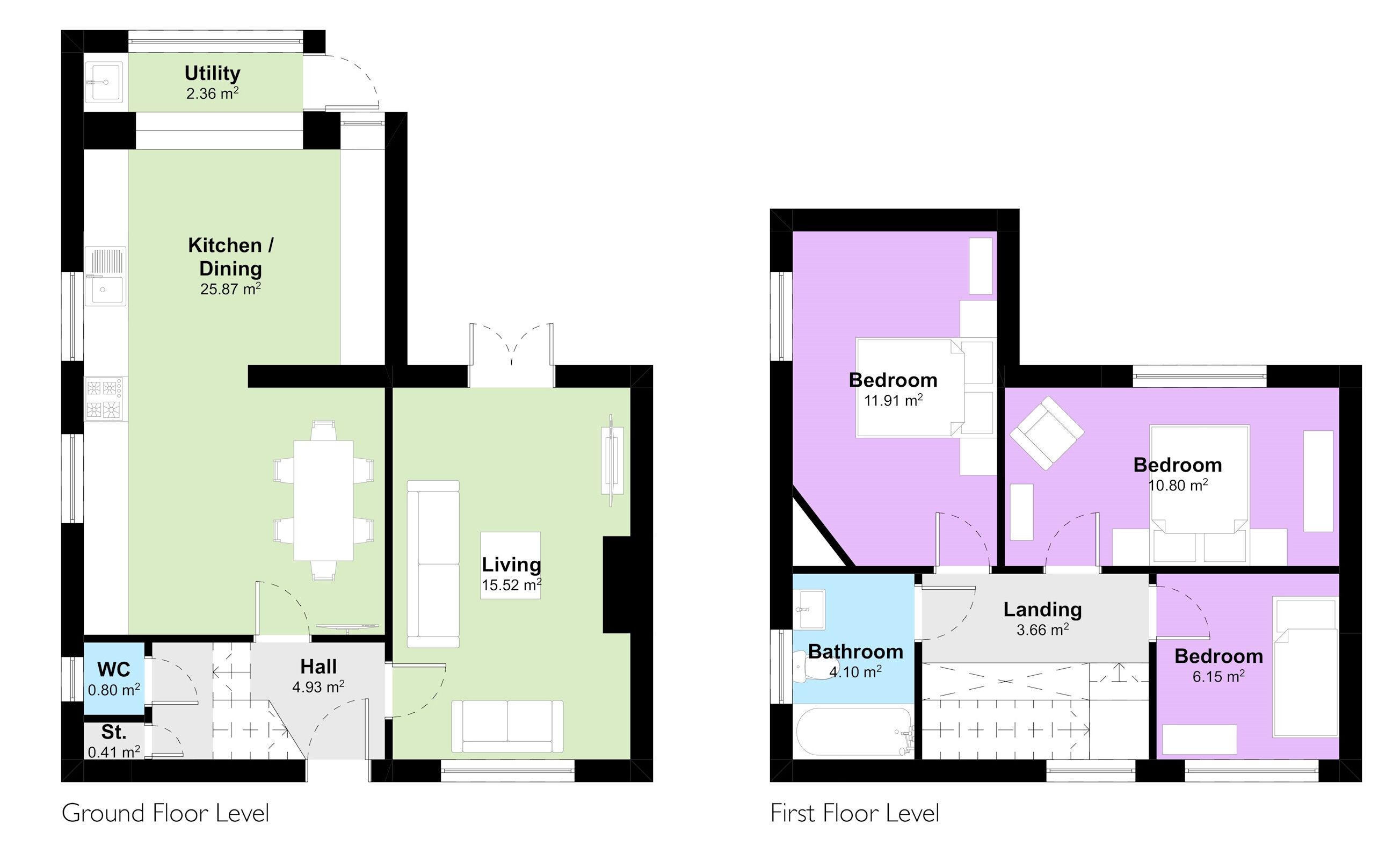 A floor plan of a ground floor level with a kitchen/dining area of 25.87 m², a living room of 15.52 m², a hall of 4.93 m², and a WC of 0.80 m².