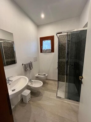 Dusche, Haartrockner, Handtücher, Seife