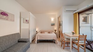 Estudio clásico, 1 cama doble con sofá cama, balcón | Cortinas opacas, tabla de planchar con plancha, wifi gratis