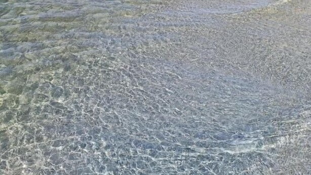 Una zona costera despejada con grandes rocas y agua tranquila.