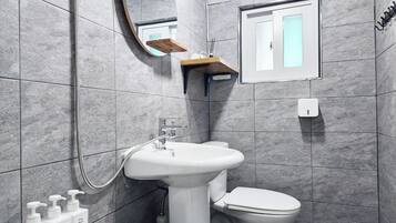 Hair dryer, bidet, towels, soap