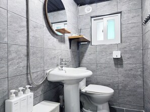 Hair dryer, bidet, towels, soap