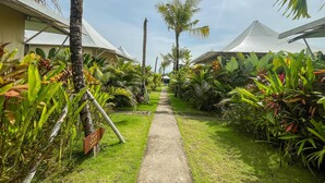 A pathway flanked by lush tropical plants leading to white-roofed structures. - Paddy's Glamping (Munggu)