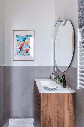 Shower, hair dryer, bidet, towels