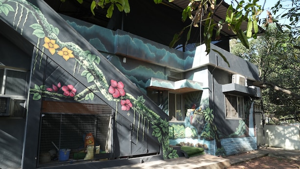 A house with a unique exterior design featuring a large mural of flowers and leaves. - Heritage Garden Villa (Mangaluru)