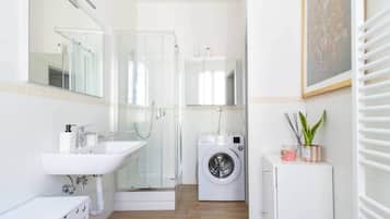 Shower, hair dryer, bidet, towels