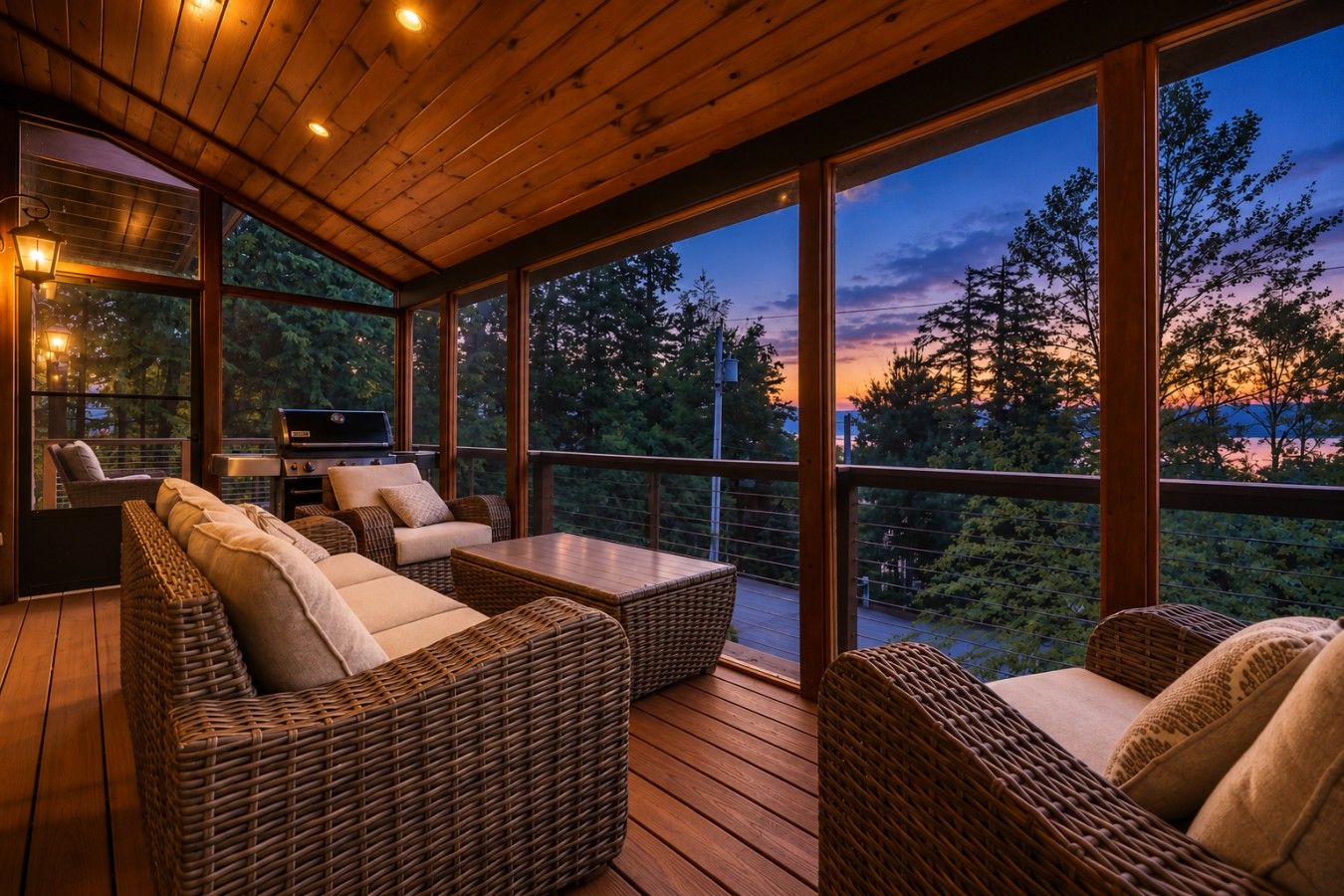 A wooden deck with wicker furniture and a grill, overlooking a forested area.
