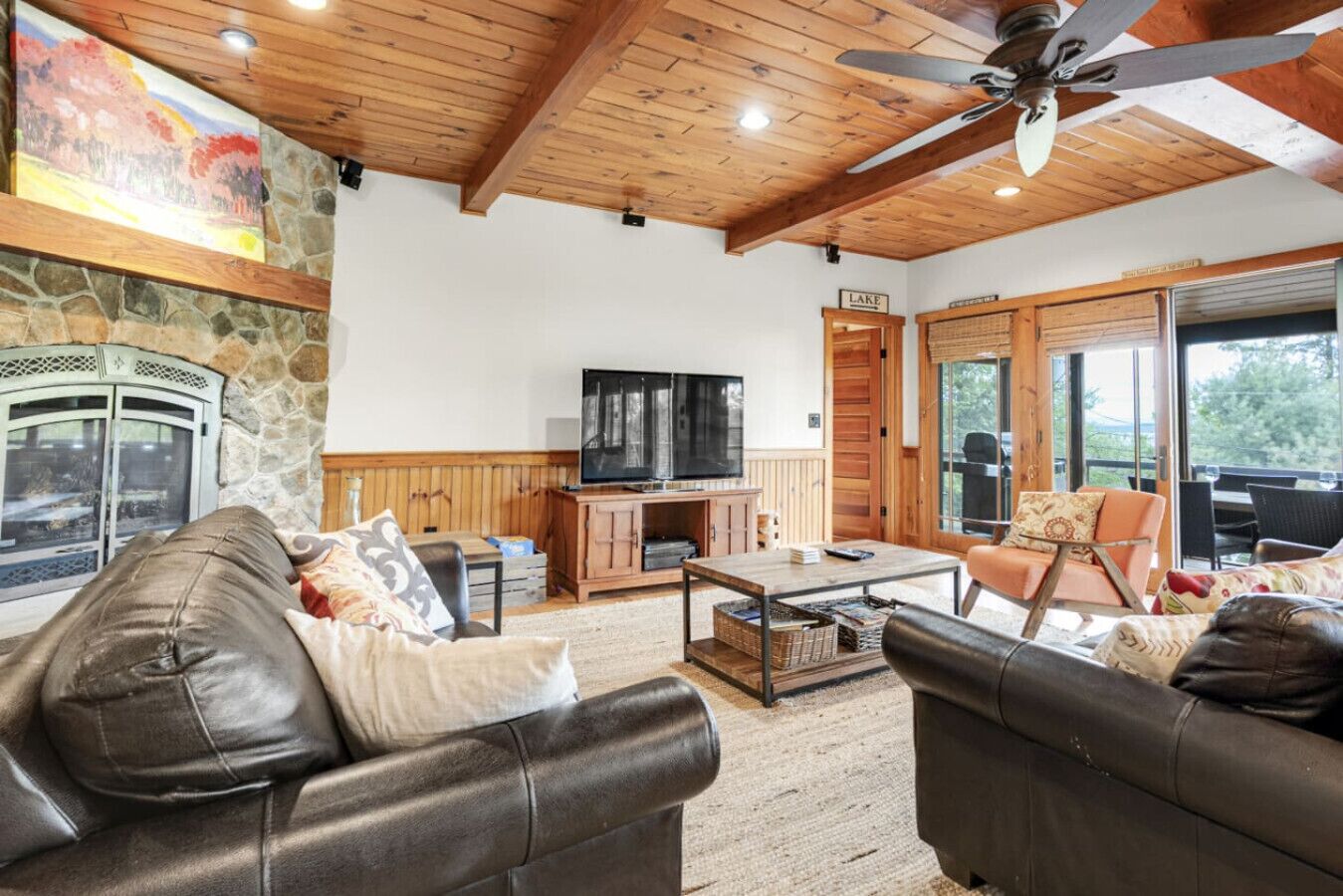 A cozy living room with a stone fireplace, leather sofas, a television, and a large window overlooking a deck.
