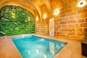 Ein Innenpool mit grüner Wand und Steinwänden.