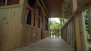 Un pasillo cubierto de madera con varias ventanas y vistas al verdor exterior.