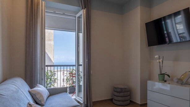 A modern living room with a sofa, a TV, a small potted plant, and a view of the outdoors. - Luci sul Mare (Follonica)