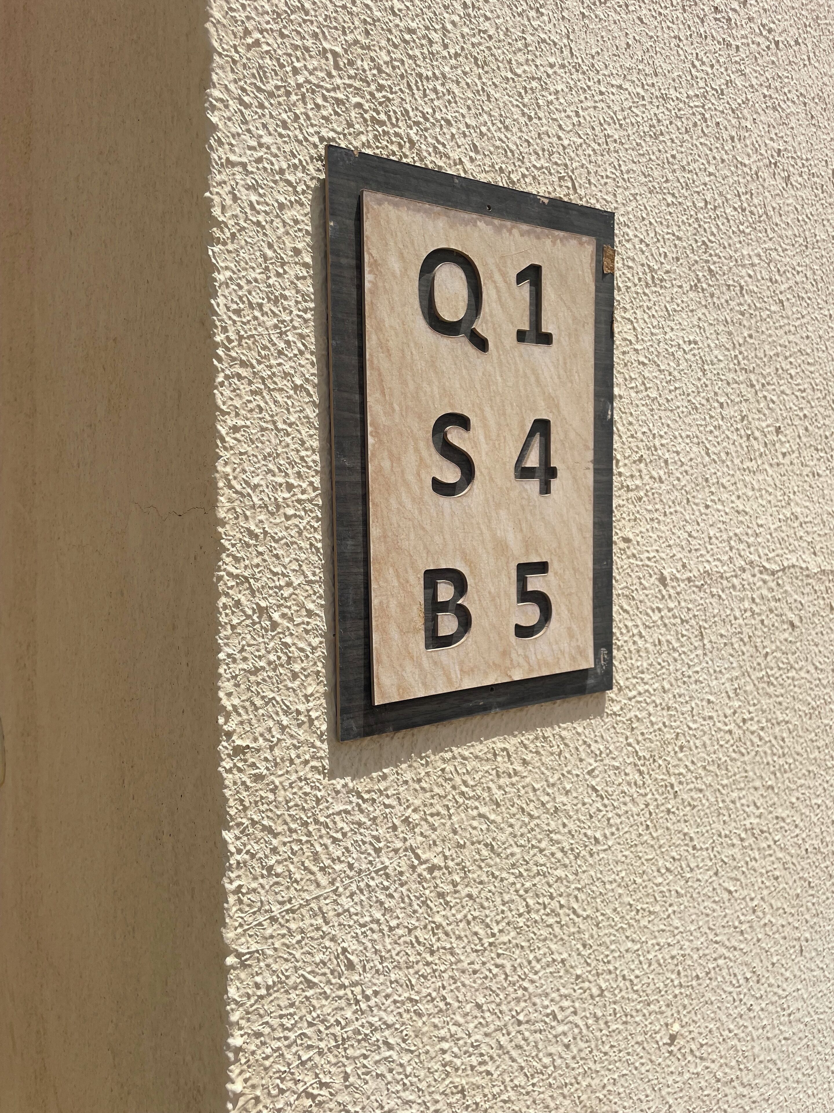 Eine an der Wand befestigte Schilderung mit den Buchstaben Q1, S4, B5.