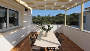 Eine überdachte Terrasse mit Tisch und Stühlen, einem Blumentopf und Blick auf einen bewaldeten Hügel.