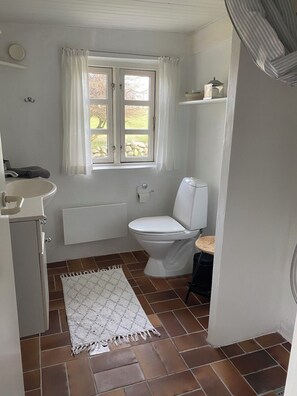 Shower, towels, soap, toilet paper